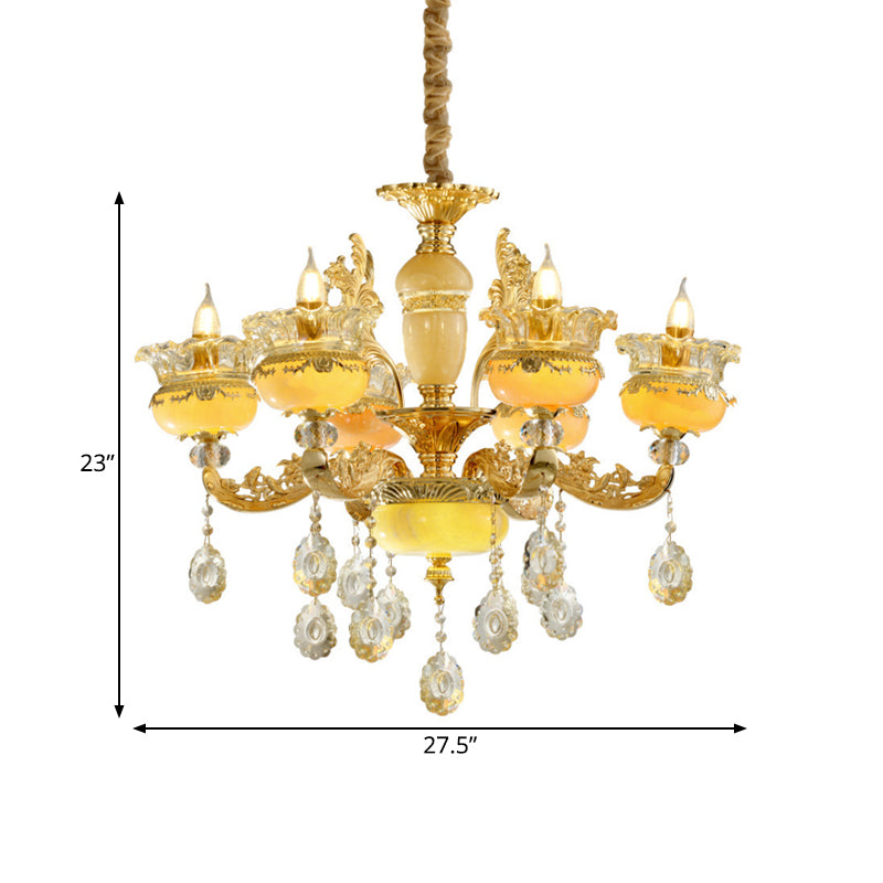 6-Light Chandelier Traditional Dining Hall Ceiling Suspension Lamp with Vase Mable Shade and Crystal Drape