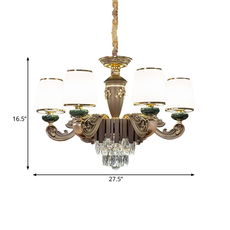 Tapered Opal Glass Chandelier Traditional 6 Heads Dining Room Pendant Light in Brown with K9 Crystal Insert