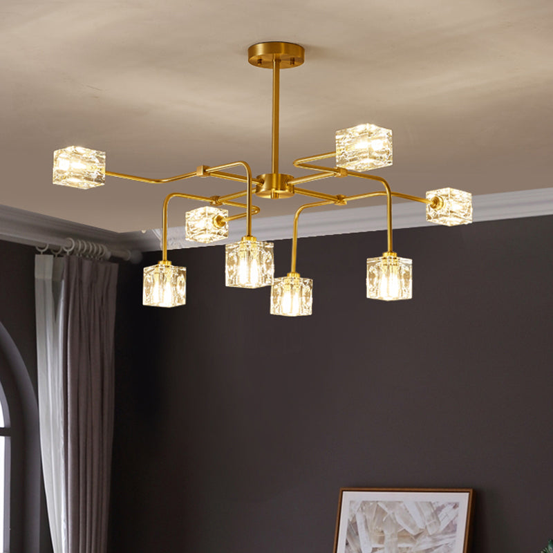 Crystal Cube Gold Chandelier Lamp Traverse 8 Bulbs Modern Style Suspension Pendant