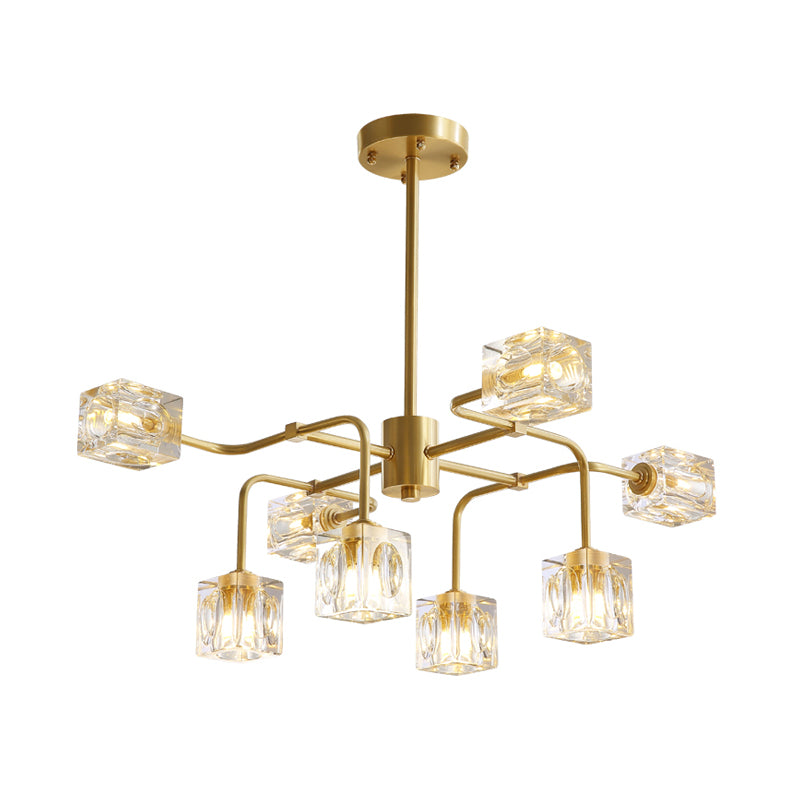 Crystal Cube Gold Chandelier Lamp Traverse 8 Bulbs Modern Style Suspension Pendant
