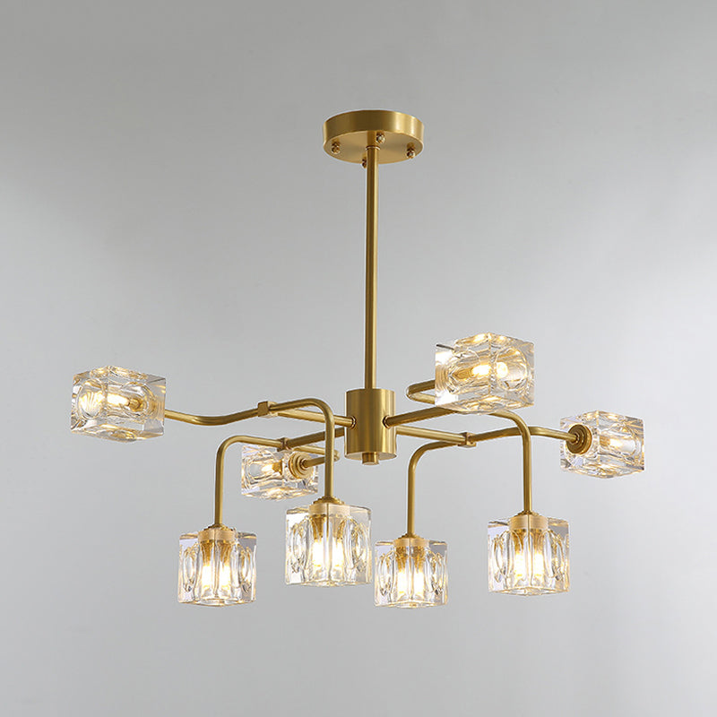 Crystal Cube Gold Chandelier Lamp Traverse 8 Bulbs Modern Style Suspension Pendant