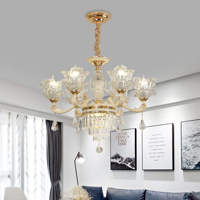 6 Heads Clear Glass Chandelier Modern Gold Blossom Living Room Ceiling Pendant Light
