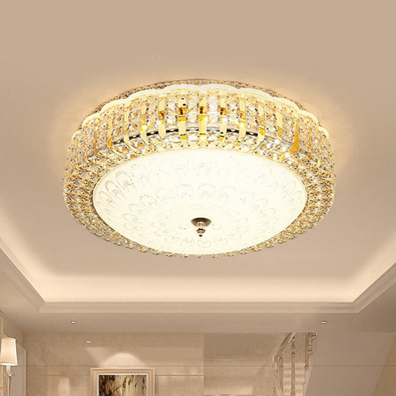 Circle Beveled Crystal Ceiling Flush Light Simple Hotel LED Flush Mount with Frosted Flower Glass Shade in Gold