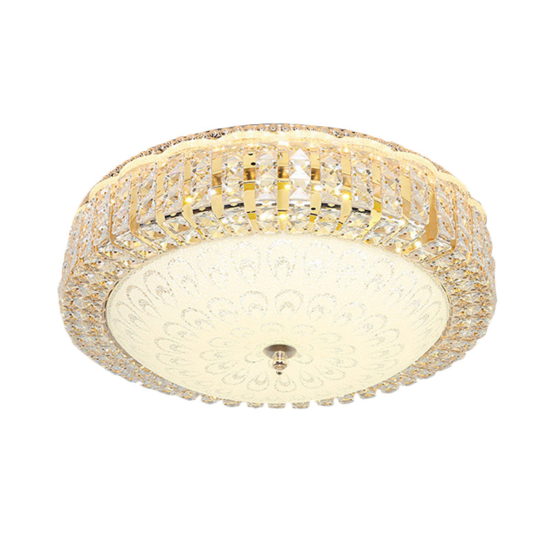 Circle Beveled Crystal Ceiling Flush Light Simple Hotel LED Flush Mount with Frosted Flower Glass Shade in Gold