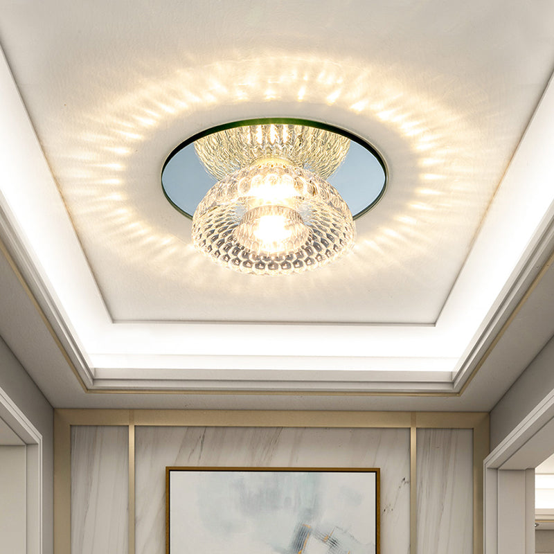 Mini Flower Bowl LED Flush Light Simplicity Chrome Crystal Ceiling Mount Fixture with Mirror Glass Canopy