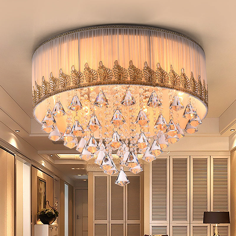 Braided Trim Pleated Fabric Ceiling Lamp Modern 4-Light Lounge Flushmount with Clear Crystal Diamond Drape