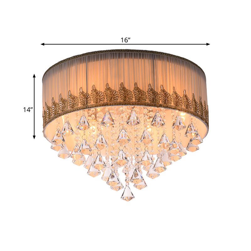 Braided Trim Pleated Fabric Ceiling Lamp Modern 4-Light Lounge Flushmount with Clear Crystal Diamond Drape