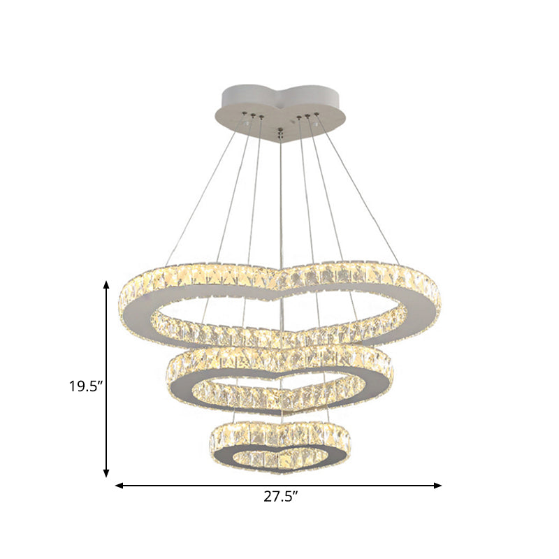Crystal Embedded Chrome Chandelier 3-Tier Loving Heart Modernist LED Hanging Light Fixture