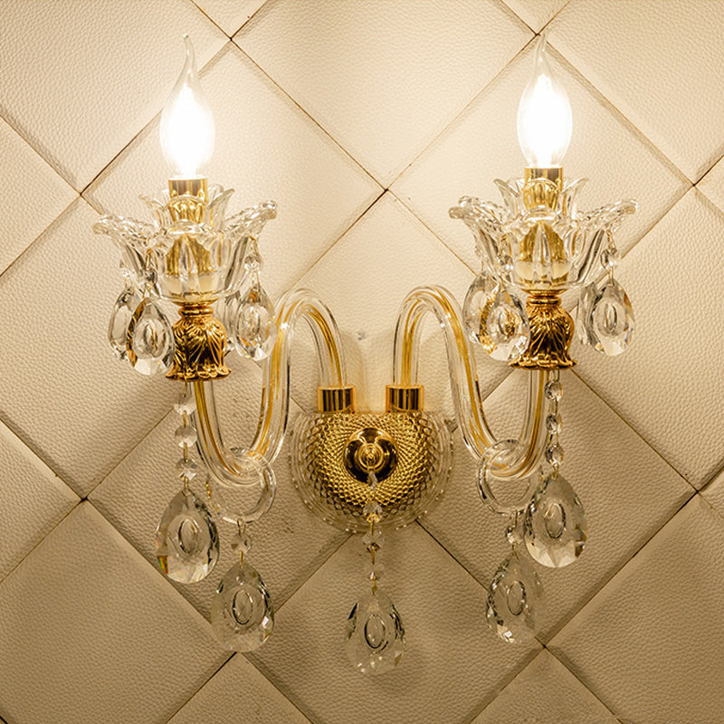 1/2-Bulb Clear Glass Coated Wall Lamp Vintage Gold Candle Style Lounge Sconce Light with Undulated Arm