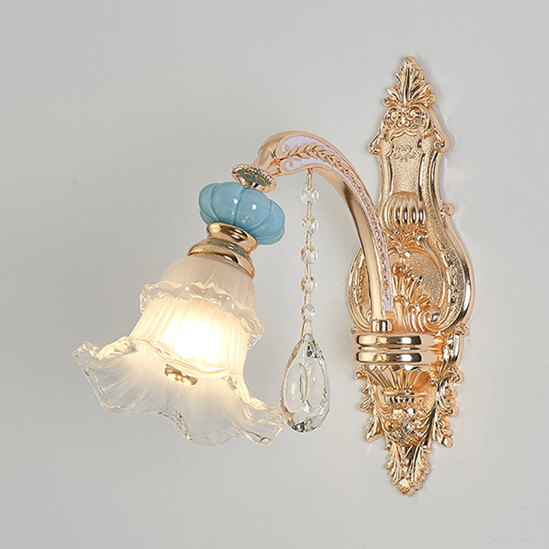 1/2-Head Drooping Flower Wall Light Retro Gold Opal Matte Glass Wall Mounted Fixture