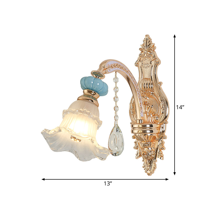 1/2-Head Drooping Flower Wall Light Retro Gold Opal Matte Glass Wall Mounted Fixture