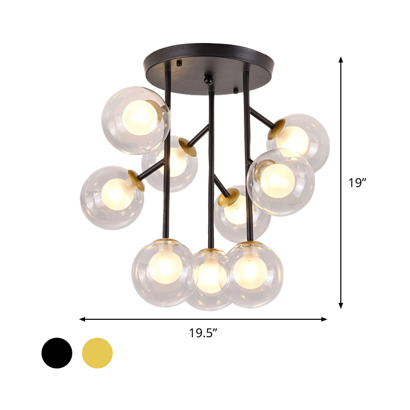 Ball Semi Mount Lighting Modern Clear Glass 9/12 Heads Living Room Close to Ceiling Lamp in Black/Gold