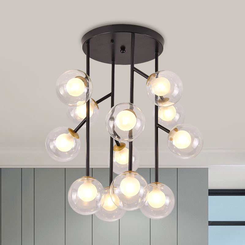 Ball Semi Mount Lighting Modern Clear Glass 9/12 Heads Living Room Close to Ceiling Lamp in Black/Gold