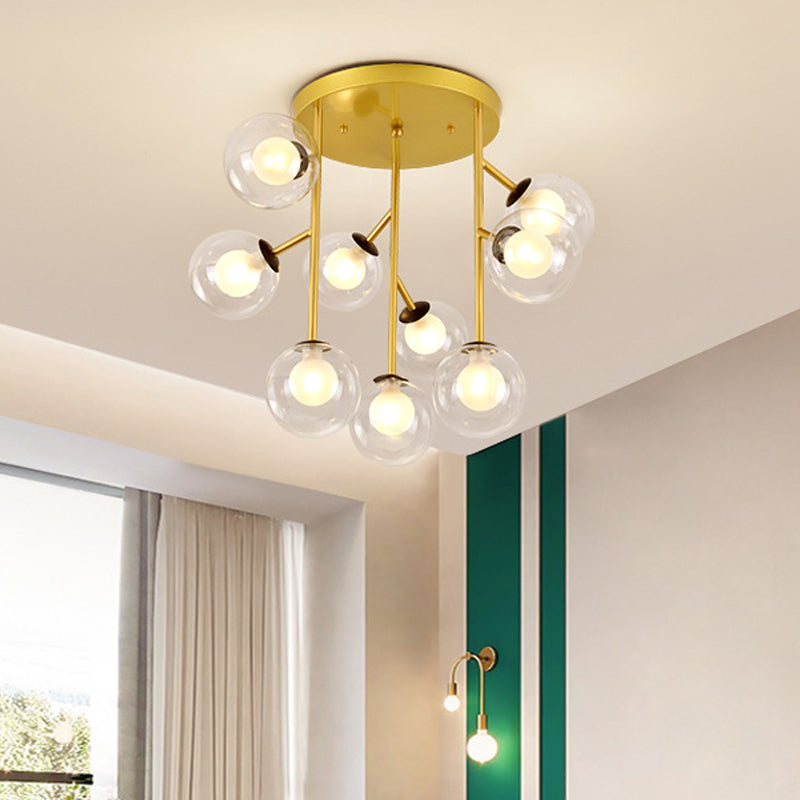Ball Semi Mount Lighting Modern Clear Glass 9/12 Heads Living Room Close to Ceiling Lamp in Black/Gold