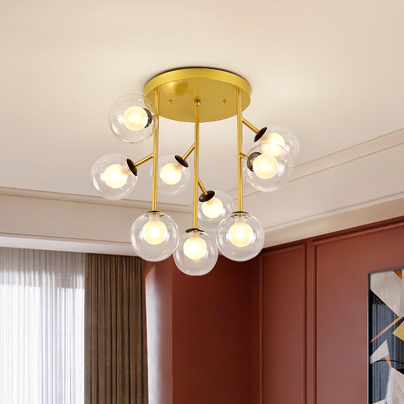 Ball Semi Mount Lighting Modern Clear Glass 9/12 Heads Living Room Close to Ceiling Lamp in Black/Gold
