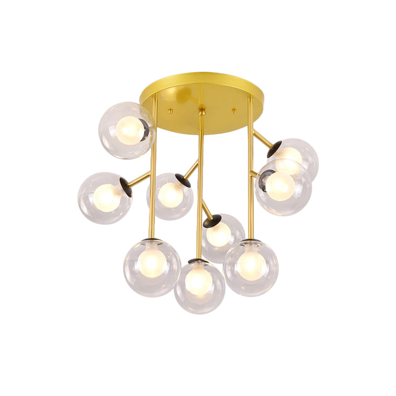 Ball Semi Mount Lighting Modern Clear Glass 9/12 Heads Living Room Close to Ceiling Lamp in Black/Gold