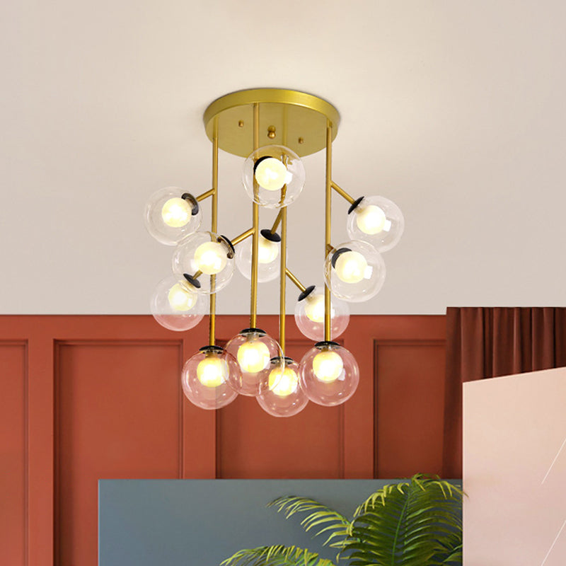 Ball Semi Mount Lighting Modern Clear Glass 9/12 Heads Living Room Close to Ceiling Lamp in Black/Gold