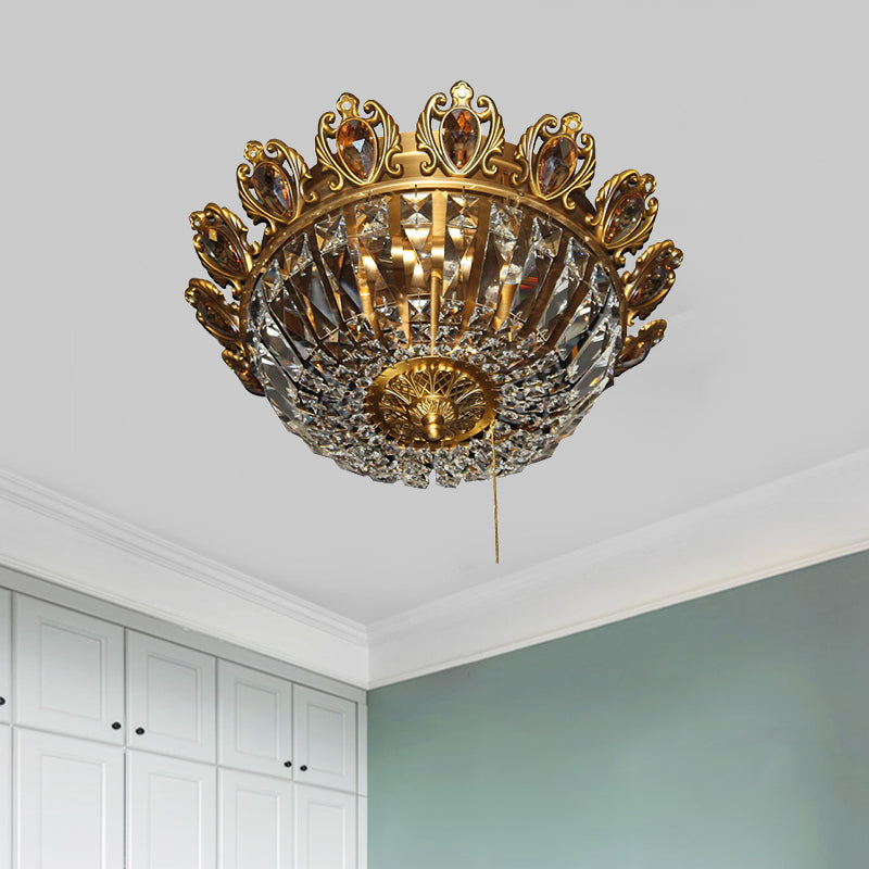 Beveled Crystal Bowl Flush Mount Lighting Traditional 4 Heads Bedroom Ceiling Lamp in Brass