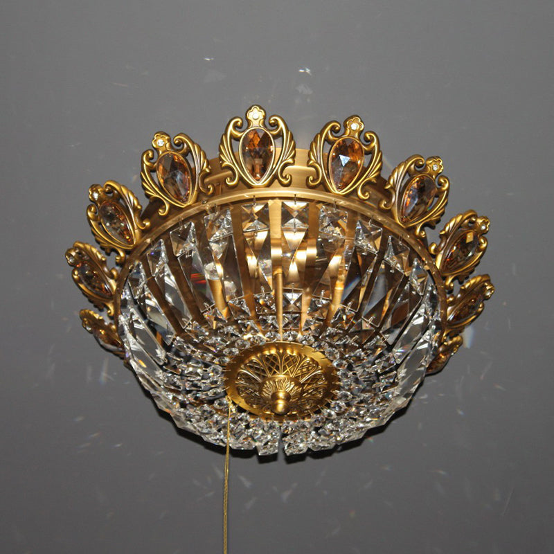 Beveled Crystal Bowl Flush Mount Lighting Traditional 4 Heads Bedroom Ceiling Lamp in Brass