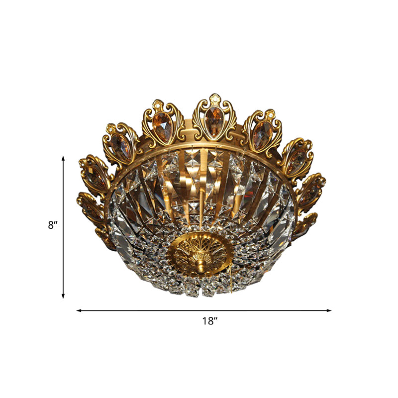 Beveled Crystal Bowl Flush Mount Lighting Traditional 4 Heads Bedroom Ceiling Lamp in Brass