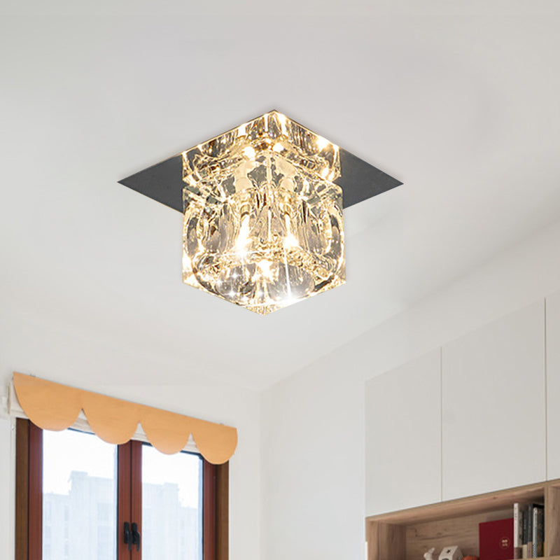 Lámpara empotrada cuadrada de cristal biselado, lámpara LED minimalista cerca del techo en cromo, luz blanca/cálida