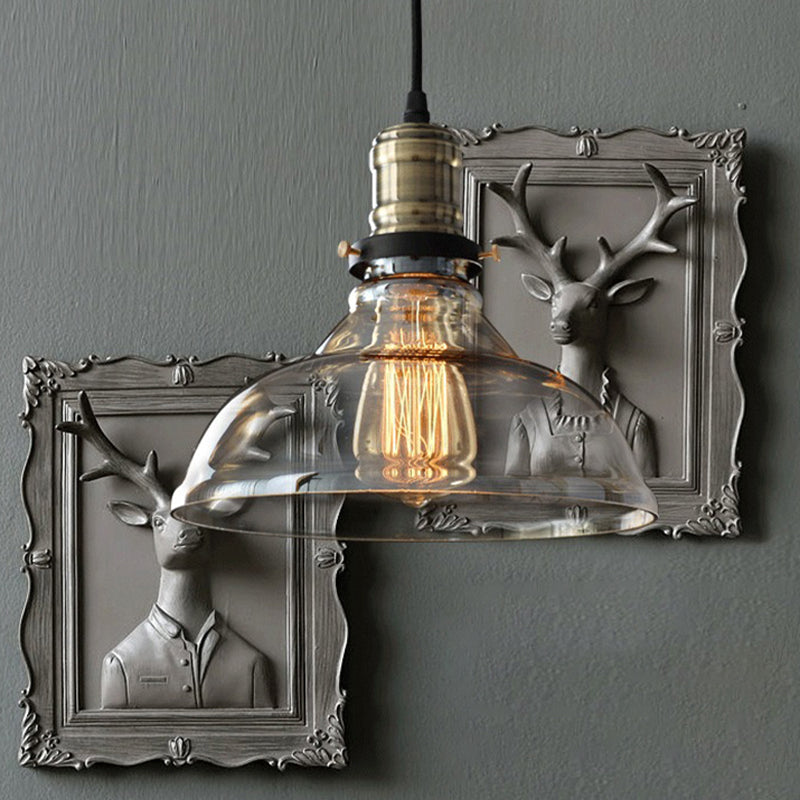 Clear/Amber 1 Light Pendant Ceiling Light Antique Glass Dome Hanging Lamp for Living Room