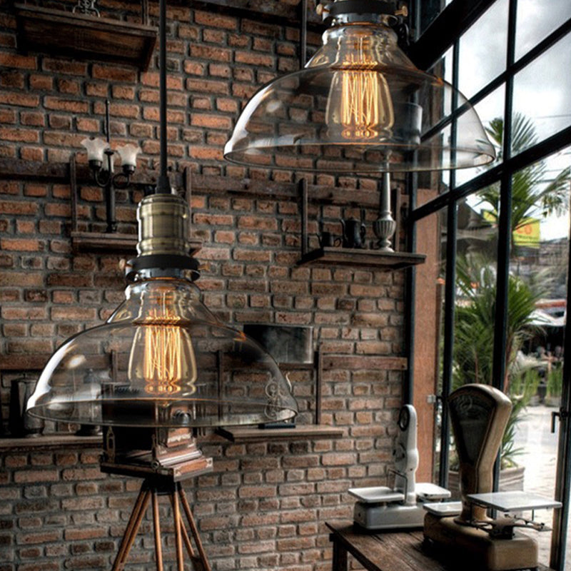 Clear/Amber 1 Light Pendant Ceiling Light Antique Glass Dome Hanging Lamp for Living Room