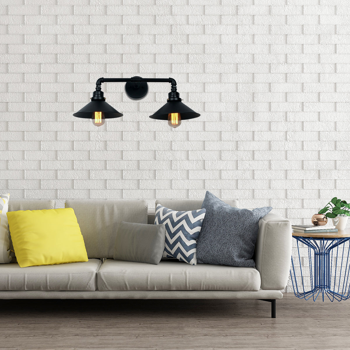 Black Cone Wall Lighting Industrial Metal 2 Lights Living Room Sconce Lamp with Round Backplate