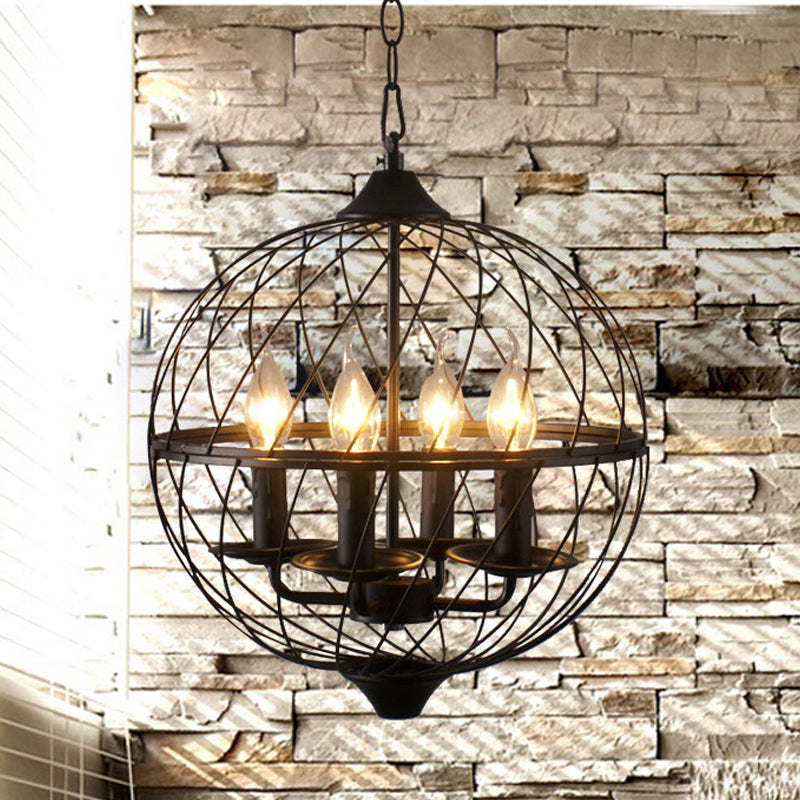 Iron Black Chandelier Lighting Global Mesh Shade 4 Bulbs Industrial Ceiling Light Fixture with Adjustable Chain for Dining Room