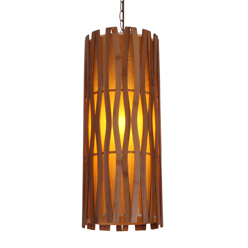 Asian Style Cylinder Ceiling Suspension Lamp Wooden Single Bulb Restaurant Hanging Light in Khaki