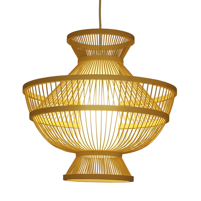 Beige Hot Pot Shaped Suspension Pendant Asian Style Single Bulb Bamboo Ceiling Lamp for Restaurant
