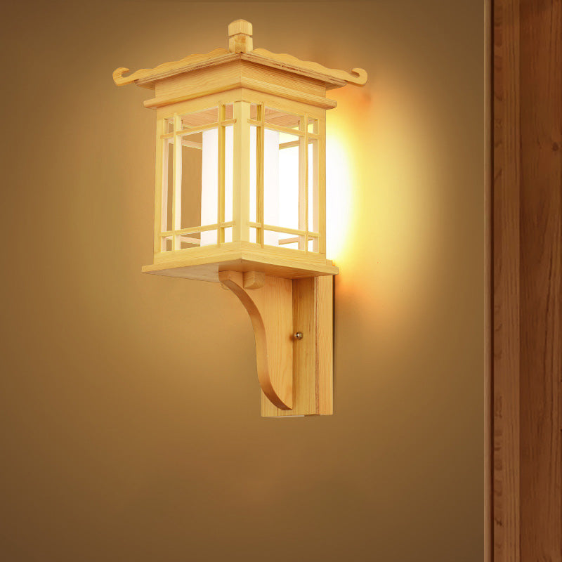 Houten huis muur sconce verlichte armatuur Aziatische stijl enkele bol beige wandlamp armatuur voor restaurant