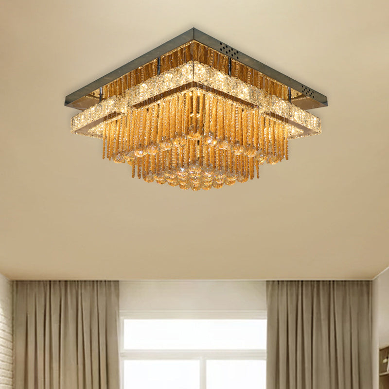 Polished Chrome Round/Square Ceiling Light Modern Draping Crystal Lounge LED Flush Mounted Light Fixture
