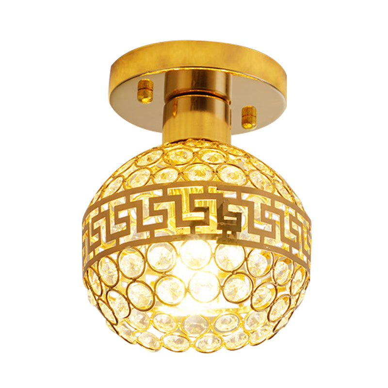 Inlaid Crystal Gold Semi Mount Lighting Oriental Trim Detailing Dome 1 Head Vintage Ceiling Lamp