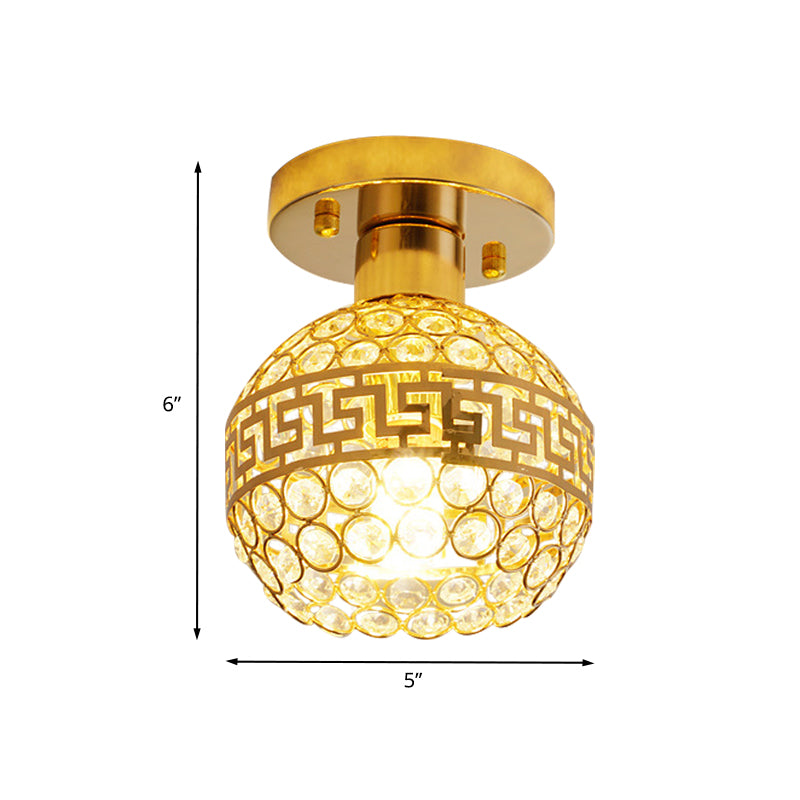 Inlaid Crystal Gold Semi Mount Lighting Oriental Trim Detailing Dome 1 Head Vintage Ceiling Lamp