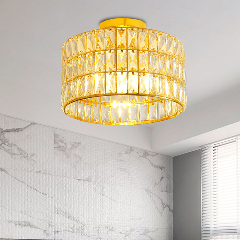 Luce del soffitto semifulgo semplice a tamburo 3 lampadine cristalli smussati inseriti dispositivo montato a filo in oro