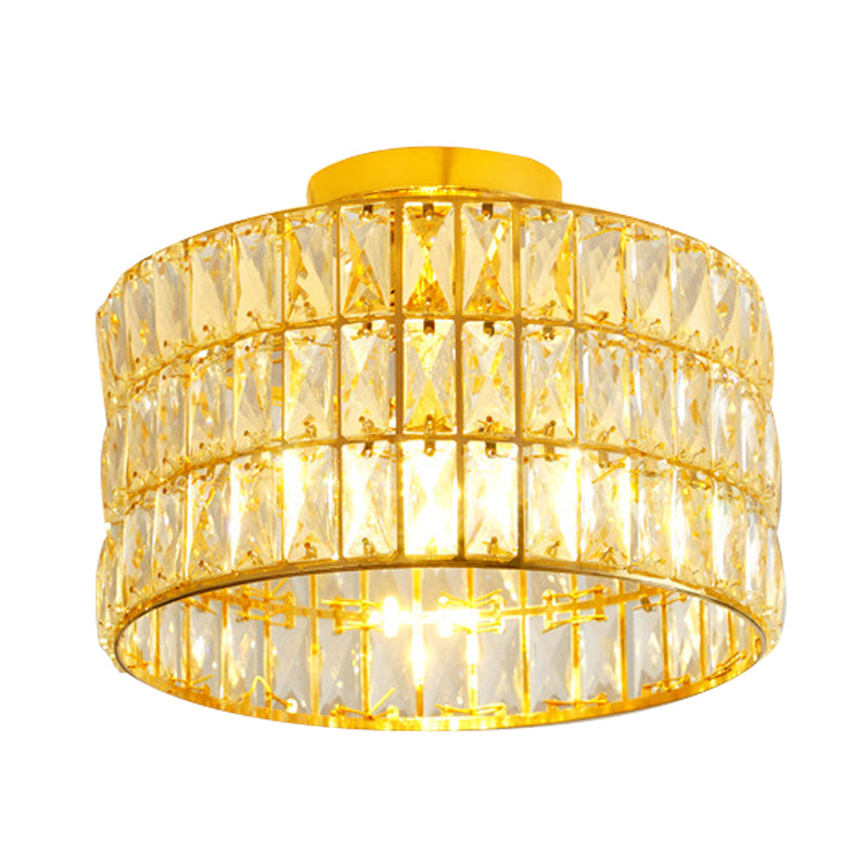 Luce del soffitto semifulgo semplice a tamburo 3 lampadine cristalli smussati inseriti dispositivo montato a filo in oro