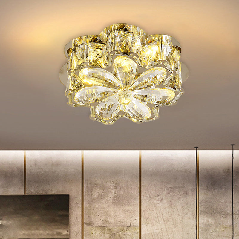 Amber/Smoke Crystal Floweret Ceiling Lamp Minimalistic Passageway LED Flush Mount Lighting Fixture