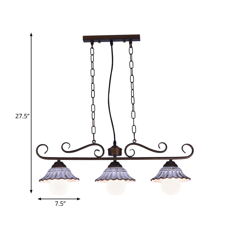 3-Light Twisting Island Pendant Lamp Korea Style Coffee Metal Hanging Light with Scalloped Bell Ceramics Shade
