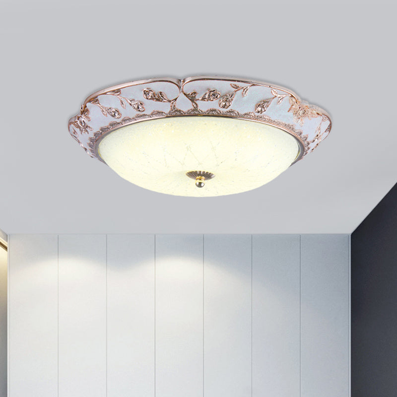 LED Ceiling Mounted Fixture Korea Country Domed White Glass Flushmount Lighting in Rose Gold