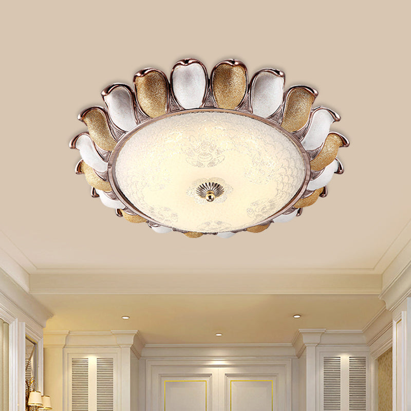 14"/18" W LED Frosted Glass Flush Lighting Korea Country Gold Flower Bedroom Flush Mount Lamp