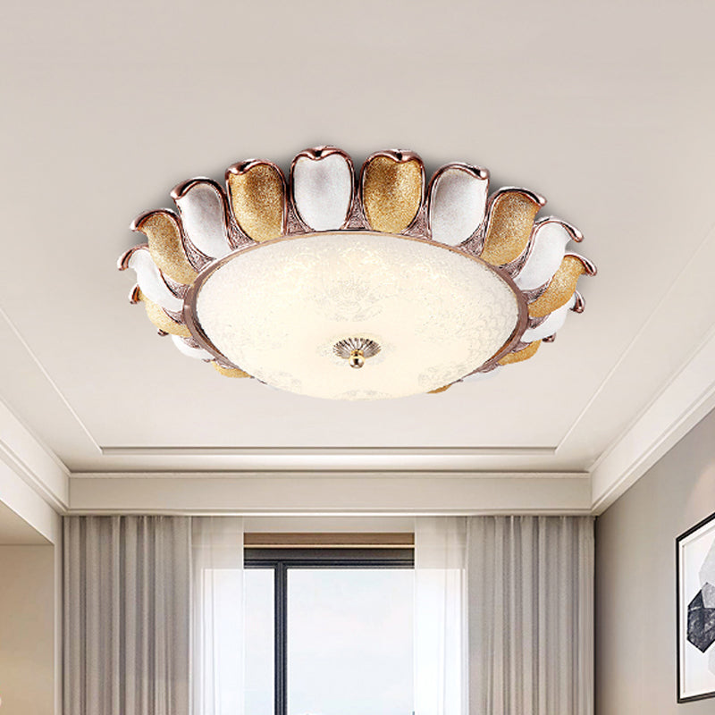 14"/18" W LED Frosted Glass Flush Lighting Korea Country Gold Flower Bedroom Flush Mount Lamp
