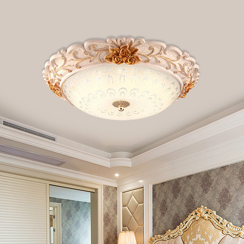 Gold LED Flush Mounted Light Country Style Korea Seeded Glass Carved Flower Flush Lamp, 12"/16" Wide