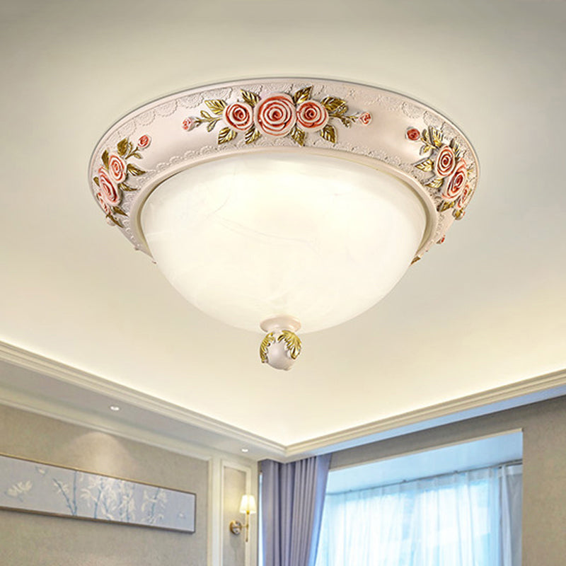 Countryside Style Korea Domed Flush Lamp White Glass LED Flushmount Lighting with Carved Flower Deco, 12"/16" W