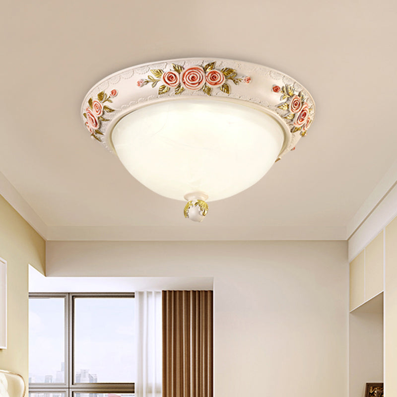 Countryside Style Korea Domed Flush Lamp White Glass LED Flushmount Lighting with Carved Flower Deco, 12"/16" W