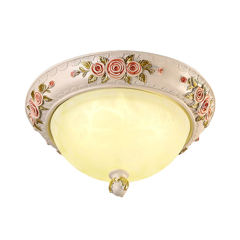 Countryside Style Korea Domed Flush Lamp White Glass LED Flushmount Lighting with Carved Flower Deco, 12"/16" W