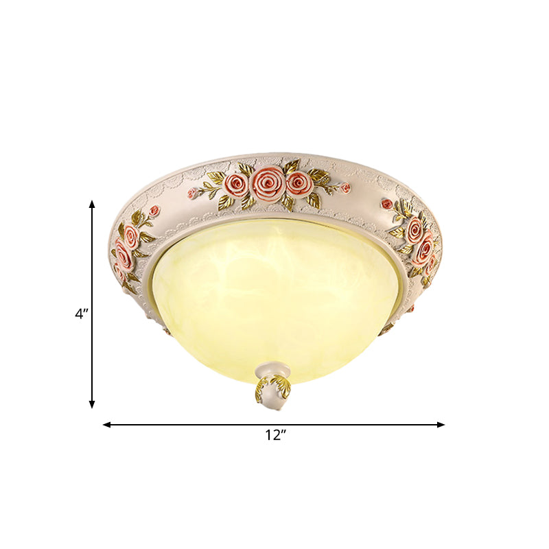 Countryside Style Korea Domed Flush Lamp White Glass LED Flushmount Lighting with Carved Flower Deco, 12"/16" W