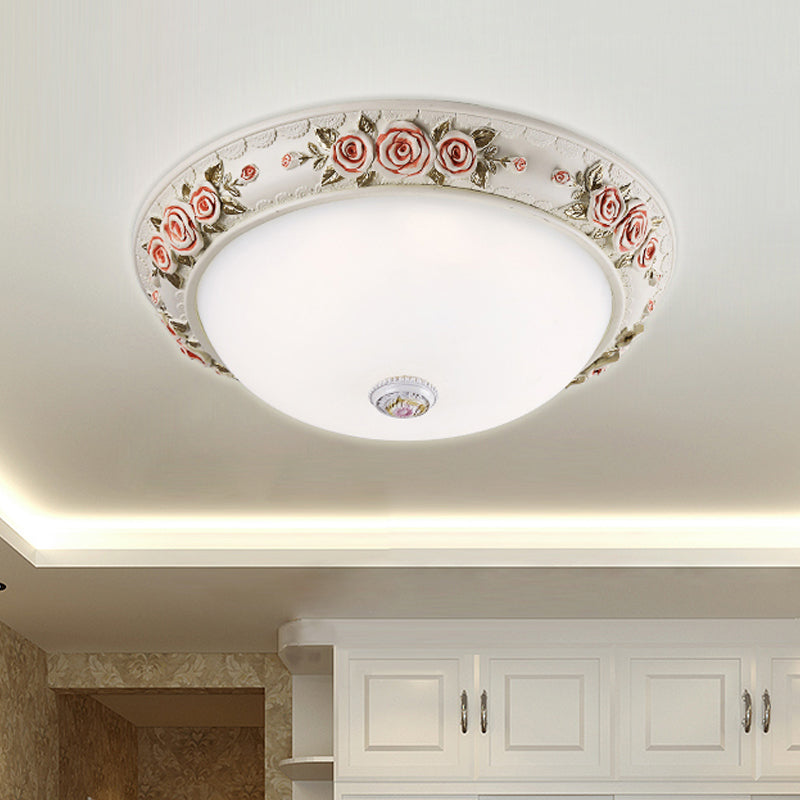 12"/16" Wide Domed Ceiling Mounted Light Korea Countryside White Glass Flush Lamp Fixture with Rose Deco