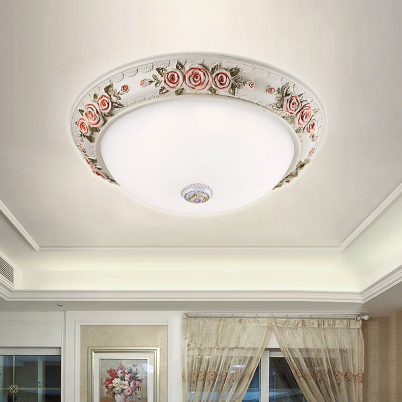 12"/16" Wide Domed Ceiling Mounted Light Korea Countryside White Glass Flush Lamp Fixture with Rose Deco
