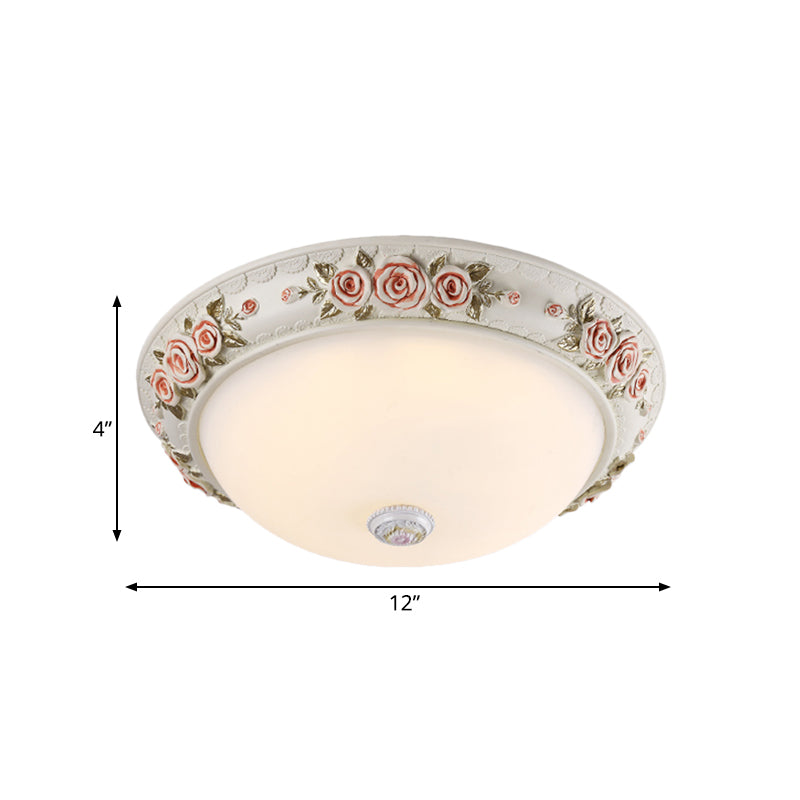 12"/16" Wide Domed Ceiling Mounted Light Korea Countryside White Glass Flush Lamp Fixture with Rose Deco